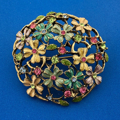 Mid Century Monet Gold Tone Multi Colored Enamel Rhinestone Spring Floral Brooch