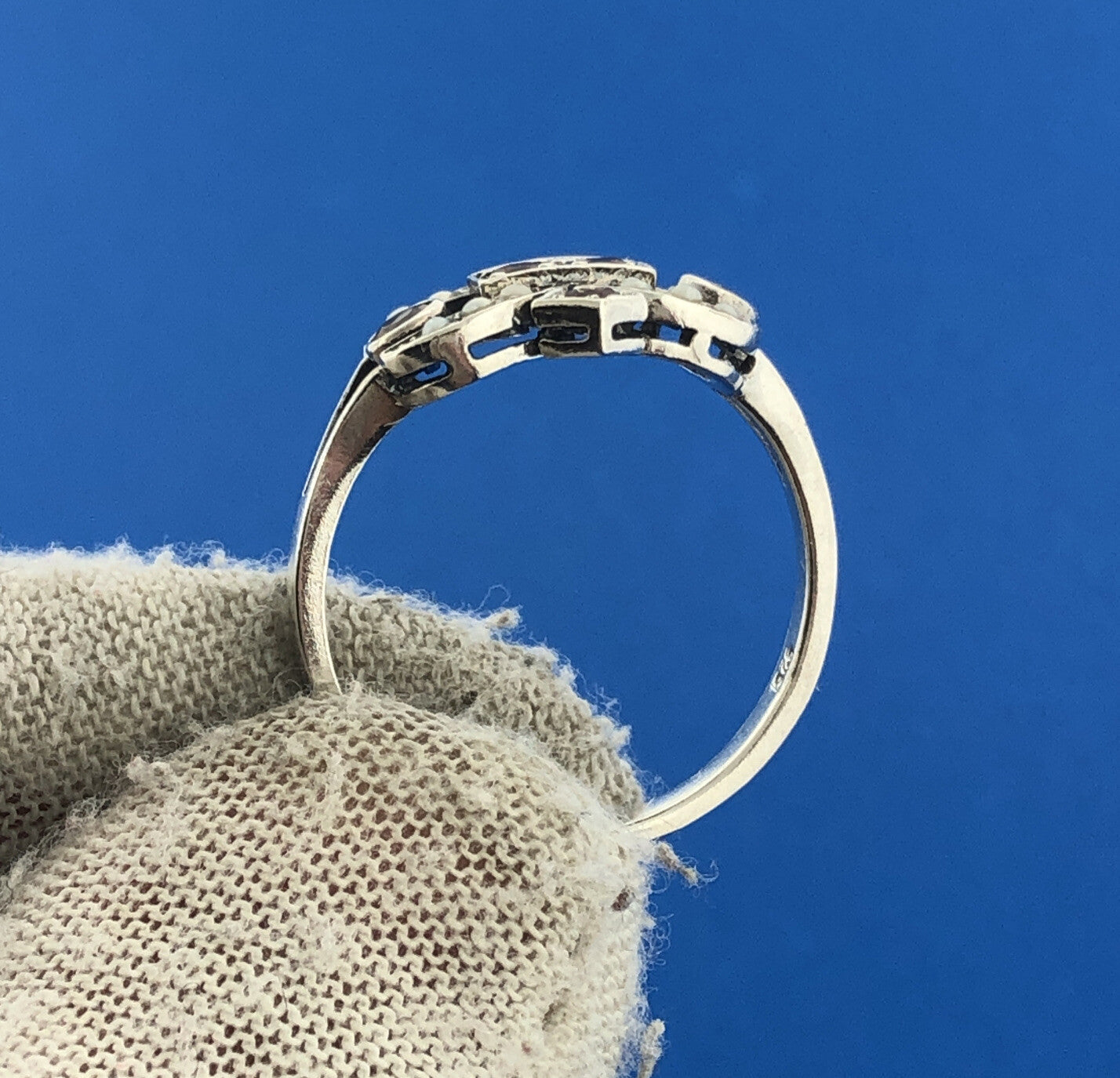 Vintage Sterling Silver 925 Orange Crystal Seed Pearl Fleur De Lis Ring