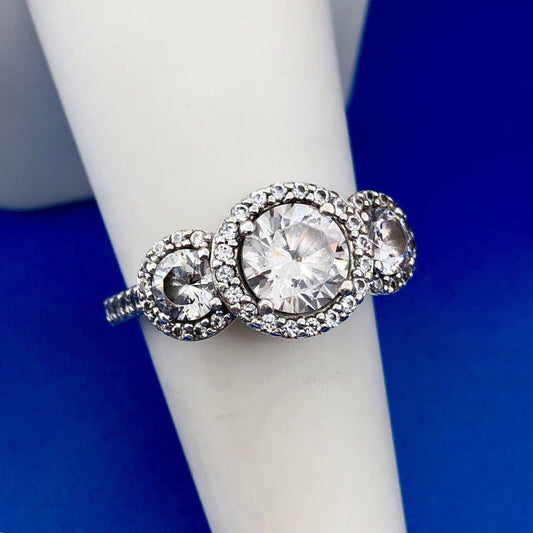 Designer 925 Sterling Silver Cubic Zirconia CZ Trio Halo Engagement Promise Ring
