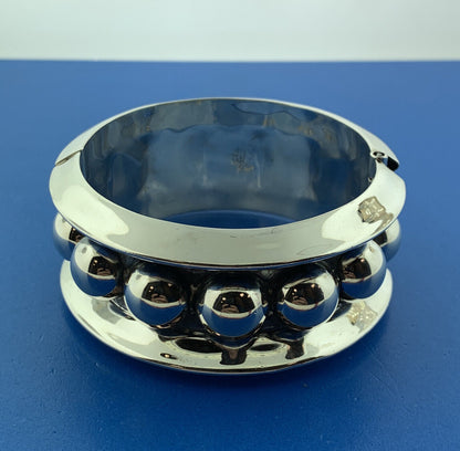 Vintage Taxco 925 Sterling Silver Polka Dot Wide Statement Hinged Cuff Bracelet