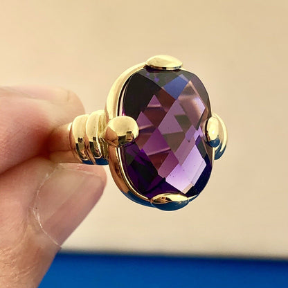 Modernist 14K Yellow Gold Cushion Cut Rectangle Purple Gemstone Anniversary Ring