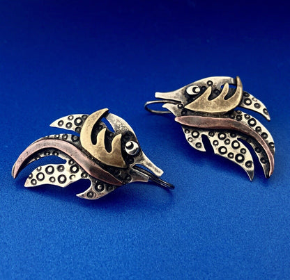 Artisan 925 Sterling Silver Brass Copper Textured Modernist Angel Fish Earrings