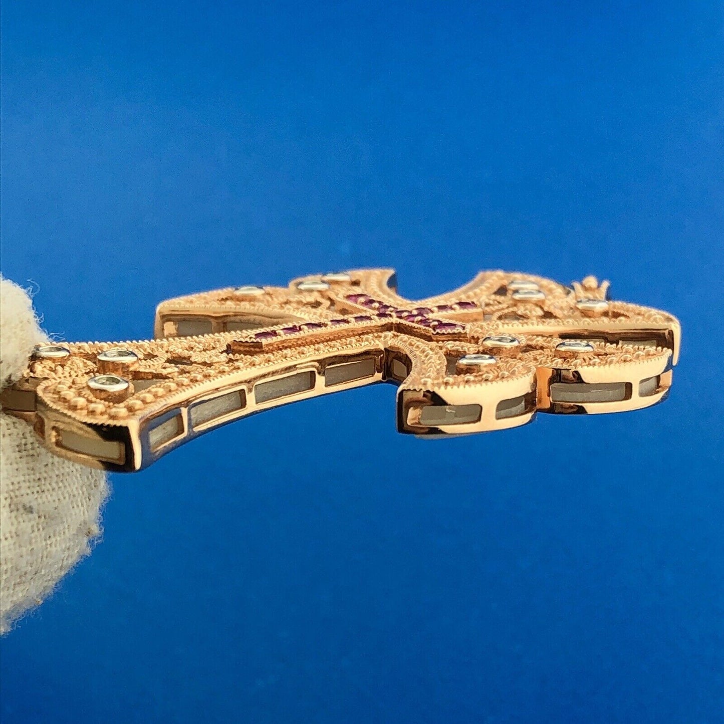 14k Yellow Gold Diamond Ruby Mother of Pearl Reversible Cross Enhancer Pendant