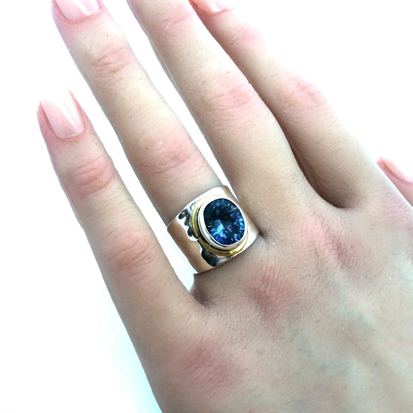 Designer YS 925 Sterling Silver Brass Oval Tanzanite Bezel Wide Hammered Ring