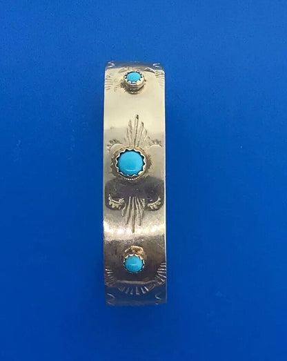 Vintage Childs Silver Tone Faux Turquoise Storyteller Etched Cuff Bracelet