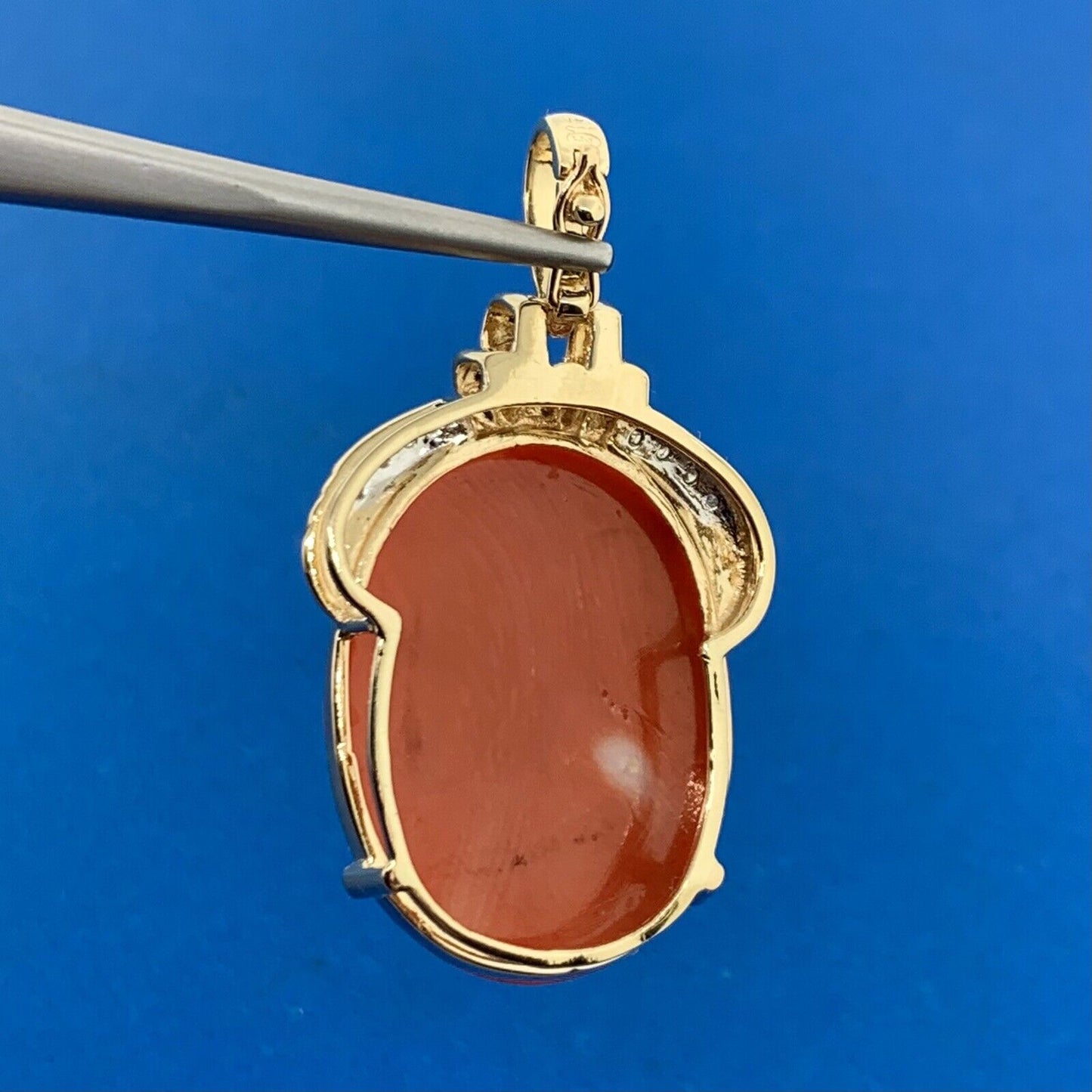 Designer 14K Yellow Gold Oval Coral Cabochon Diamond Accented Enhancer Pendant