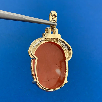 Designer 14K Yellow Gold Oval Coral Cabochon Diamond Accented Enhancer Pendant