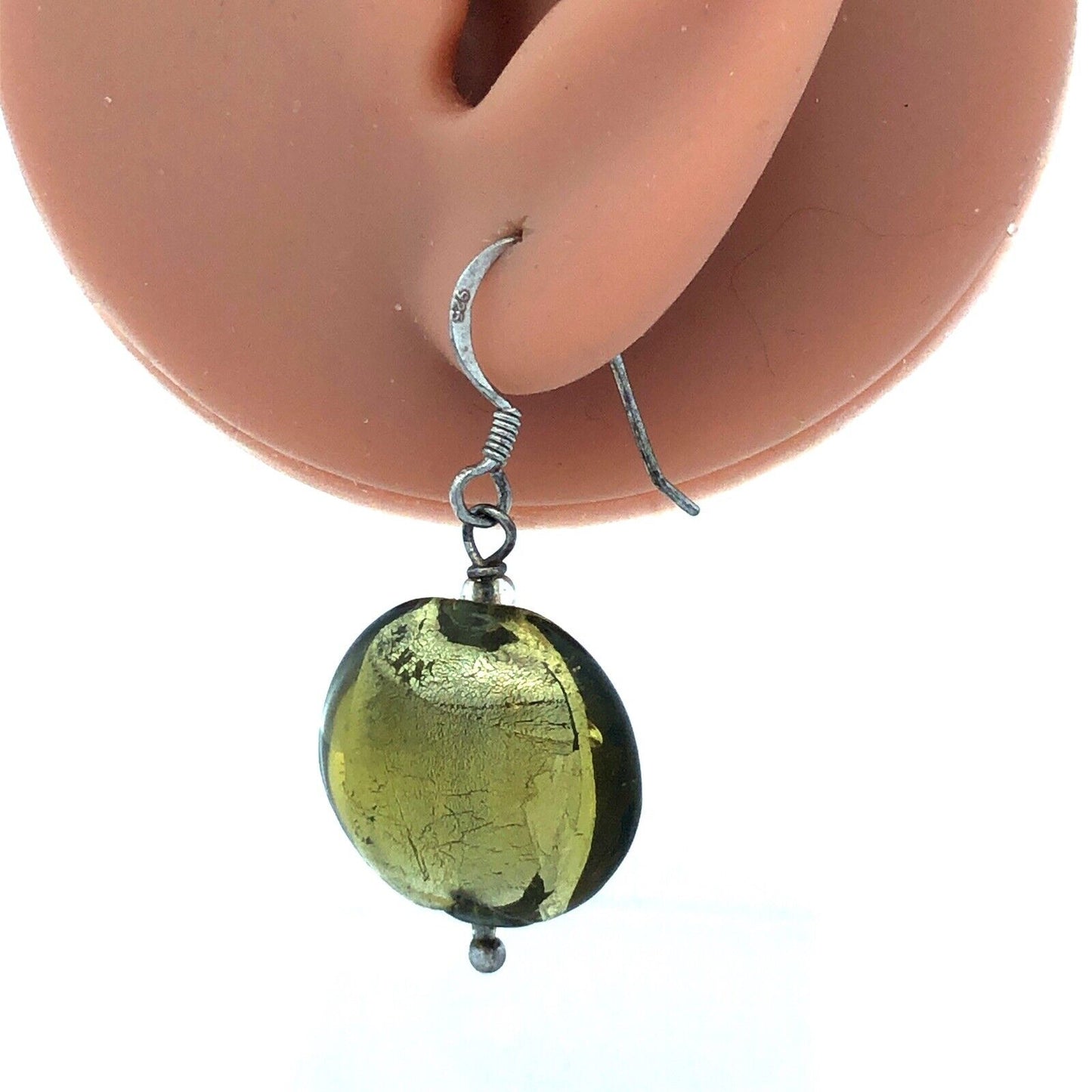 Estate 925 Sterling Silver Round Lime Green Dichroic Glass Hook Dangle Earrings