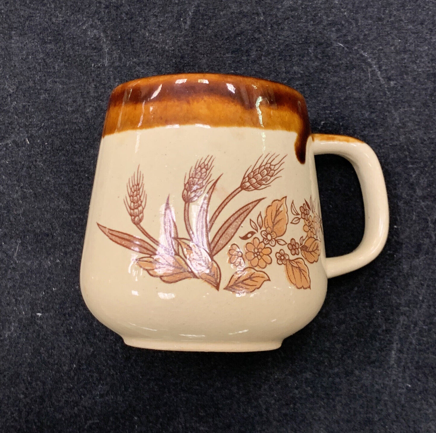 Mid Century Brown Drip Glaze Ceramic Pottery Floral Handled Set Of 4 Coffee Mugs