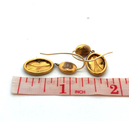 Estate 14K Yellow Gold Burnished Satin Finish Abstract Scarab Dangle Earrings