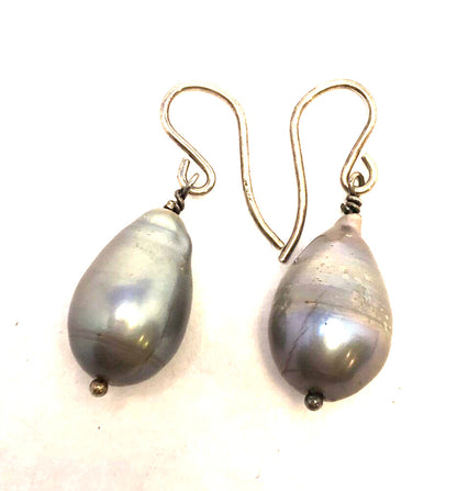 Designer 925 Sterling Silver Grey Teardrop Baroque Pearl Hook Dangle Earrings