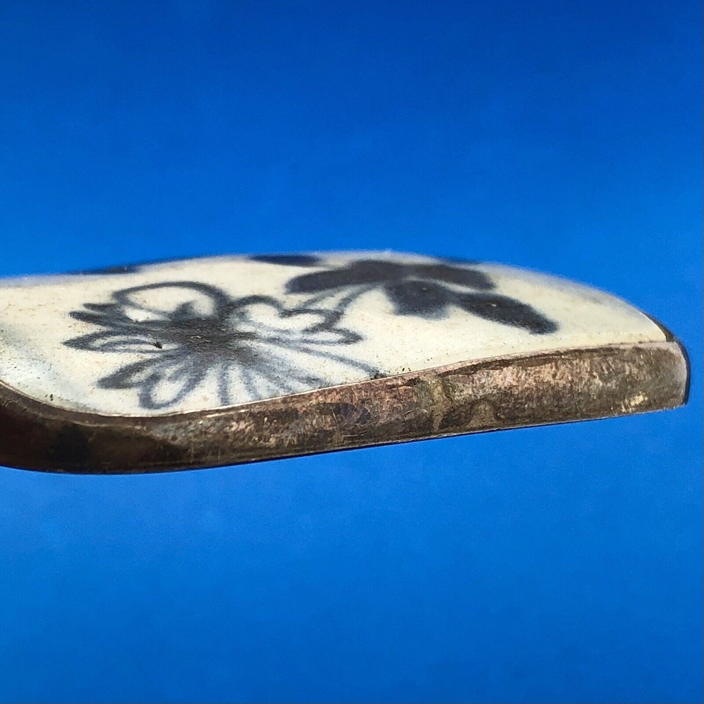 Vintage Artisan Signed 925 Sterling Silver Blue White Pottery Statement Pendant