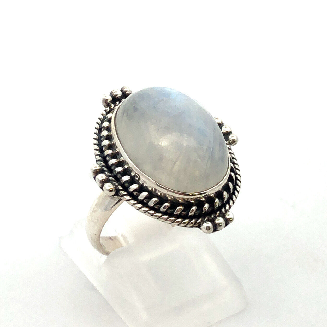 Designer Sterling Silver Oval Moonstone Cabochon Balinese Style Cocktail Ring