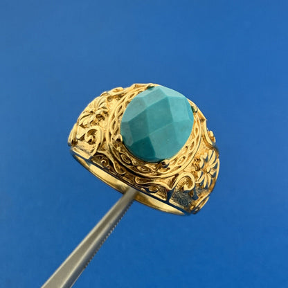 Designer RL Sterling Silver Vermeil Faceted Turquoise Floral Statement Dome Ring