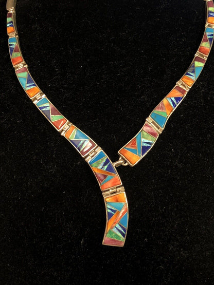 Calvin Begay Navajo Sterling Silver Gemstone Inlay Statement Collar Necklace