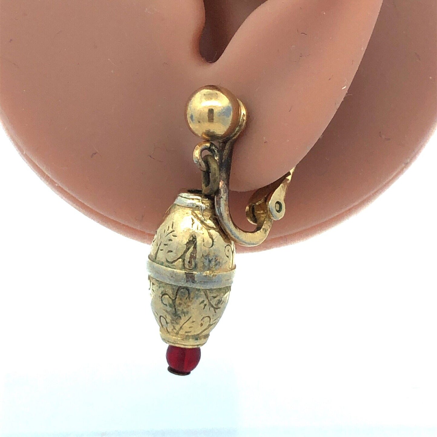 Mid Century Napier Gold Tone Red Bead Floral Scroll Drop Dangle Clip Earrings