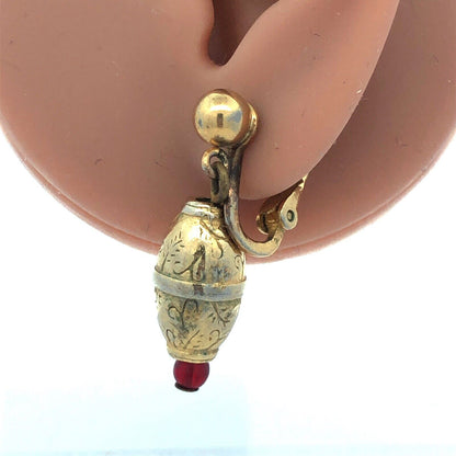 Mid Century Napier Gold Tone Red Bead Floral Scroll Drop Dangle Clip Earrings