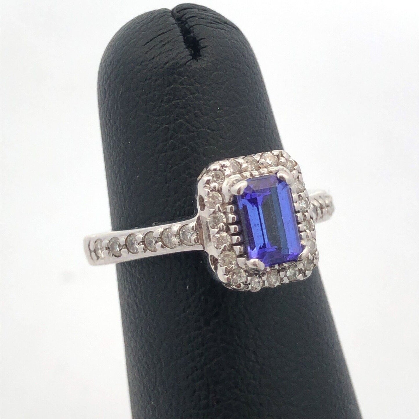 Designer 14K White Gold Emerald Cut Tanzanite Diamond Halo Engagement Ring