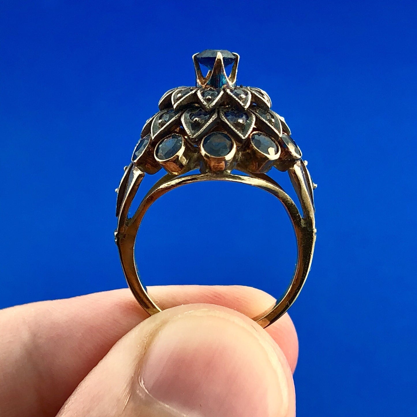 Estate 10K Yellow Gold Blue Topaz Towering Flower December Anniversary Ring