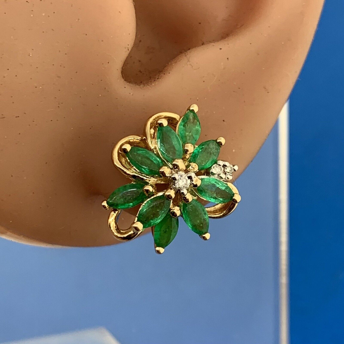 Designer 10K Yellow Gold Marquise Emerald Diamond Accented Floral Stud Earrings