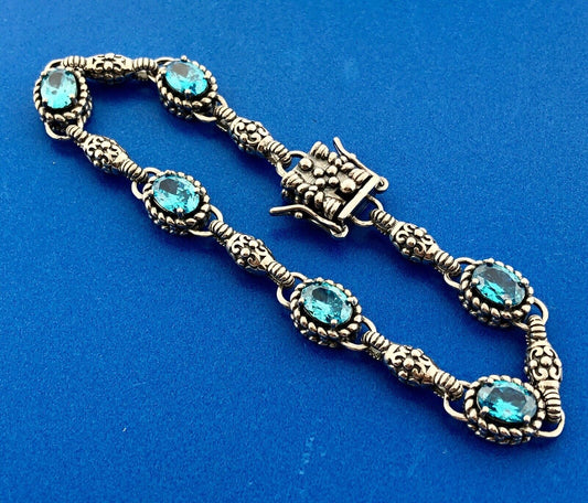 Retro Sterling Silver 925 Oval Aqua Cubic Zirconia CZ Station Tennis Bracelet