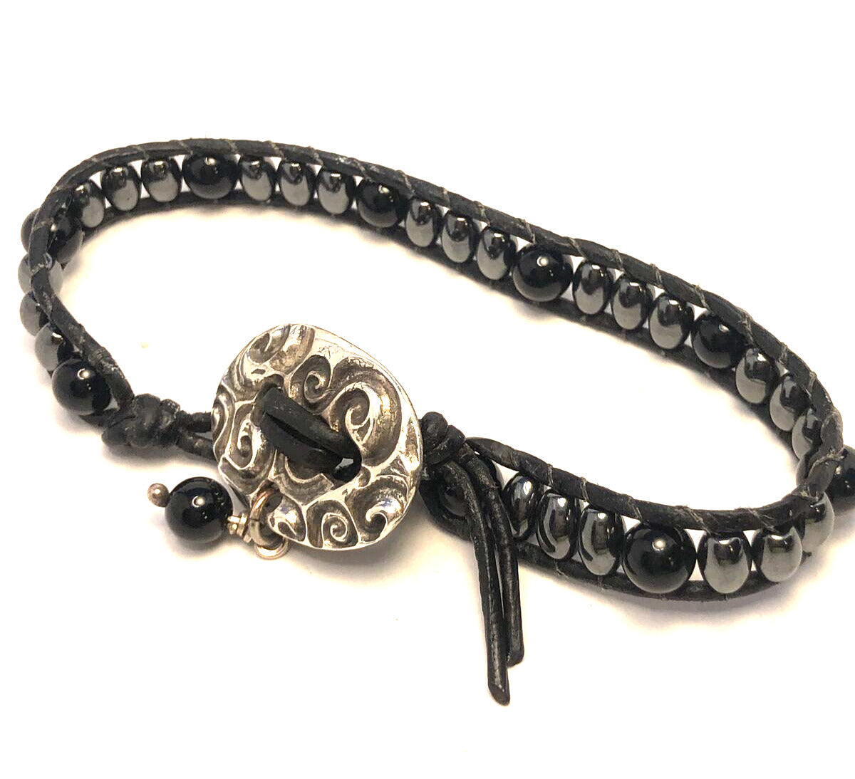 Unisex 999 Fine Silver Medallion Black Onyx Hematite Bead Black Leather Bracelet