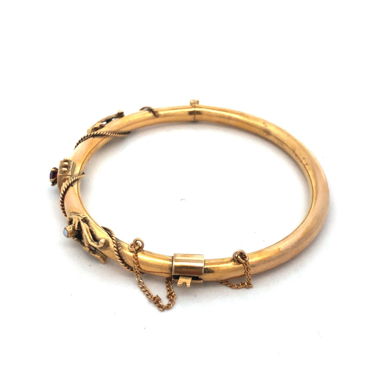 Art Nouveau Art Deco 14K Yellow Gold Garnet Seed Pearl Etruscan Bangle Bracelet