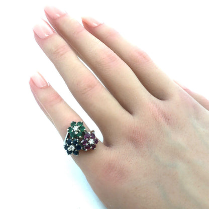 KOL 14K White Gold Round Ruby Sapphire Emerald Topaz Floral Cluster Pinky Ring