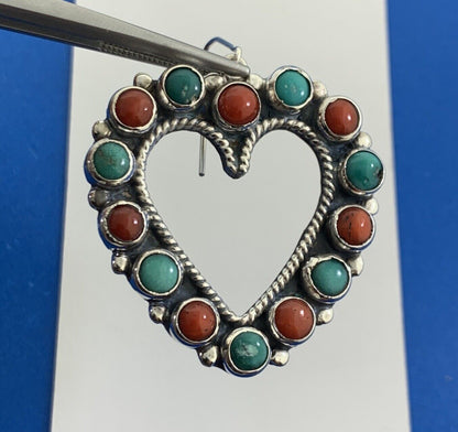 Artisan Leo Feeney Sterling Silver Turquoise Coral Open Heart Dangle Earrings