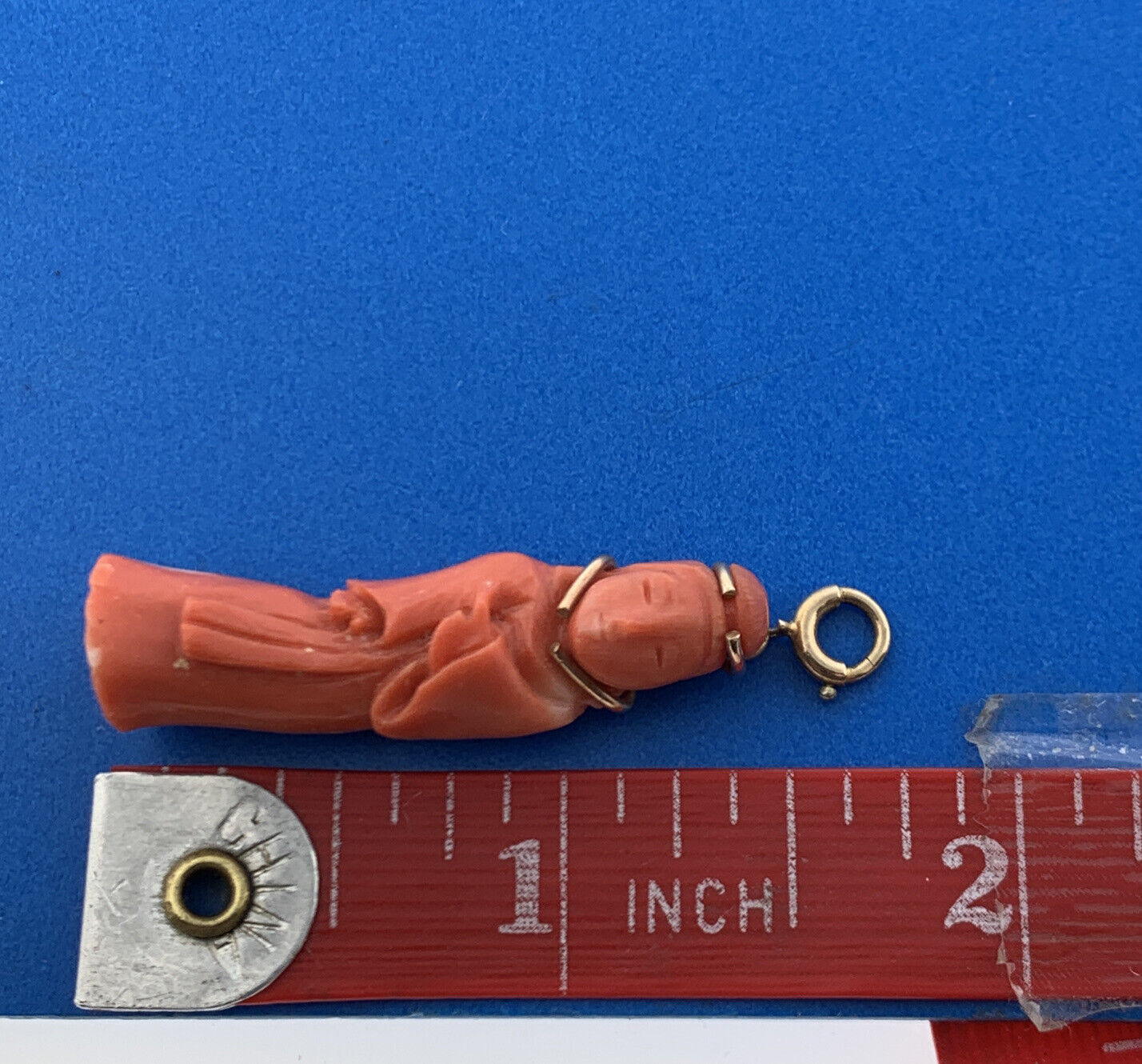 Gorgeous 14k Yellow Gold Carved Coral Chinese Eastern Wise Man Dangle Pendant