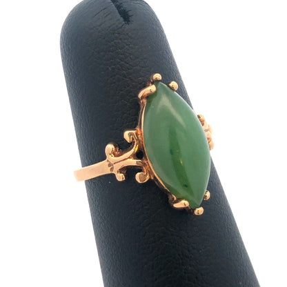 Retro Designer 14K Yellow Gold Solitaire Marquise Jade Jadeite Cabochon Ring