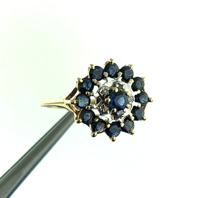 14K Yellow Gold Sapphire Diamond September Anniversary Empire Cluster Ring