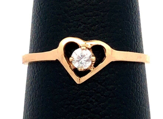 Estate 14K Yellow Gold Round White Tourmaline Solitaire Heart Love Promise Ring