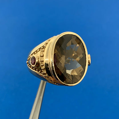 14K Yellow Gold Oval Cushion Cut Smoky Quartz Ruby Accented Statement Ring