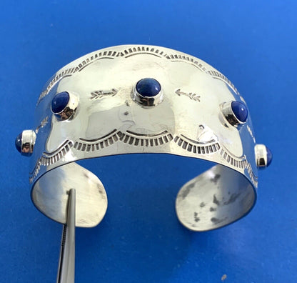 Taxco Mexico Sterling Silver Lapis Lazuli Storyteller Open Cuff Bangle Bracelet