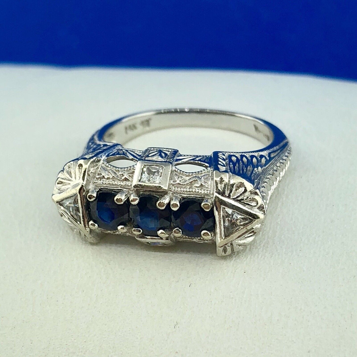 Art Deco Designer 14K White Gold Sapphire Cubic Zirconia CZ Anniversary Ring