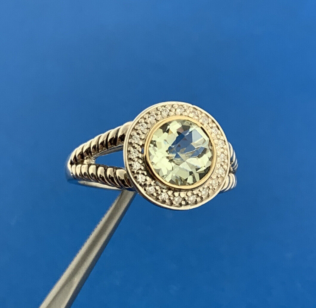 Designer ATR 925 Sterling Silver 14K Green Amethyst Praisolite Diamond Halo Ring
