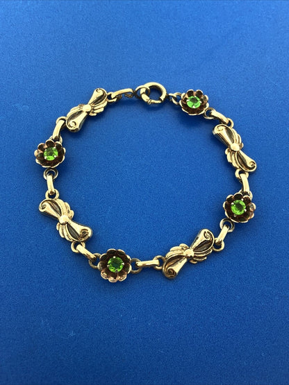 Vintage Designer Harry Iskin Gold Filled Green Rhinestone Floral Tennis Bracelet