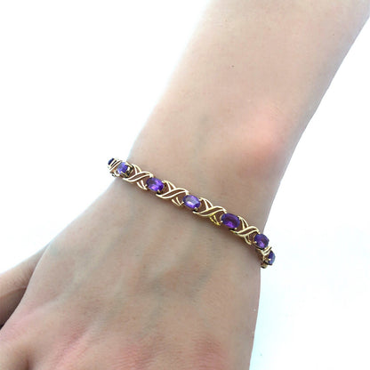 14K Solid Yellow Gold Oval Cut Amethyst X and O Design Tennis Bracelet