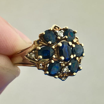 Retro 10K Yellow Sapphire Diamond Floral Cluster September Anniversary Ring