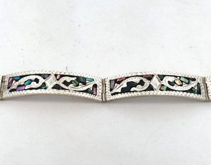 Vintage Taxco Mexico 925 Sterling Silver Abalone Inlay Textured Panel Bracelet