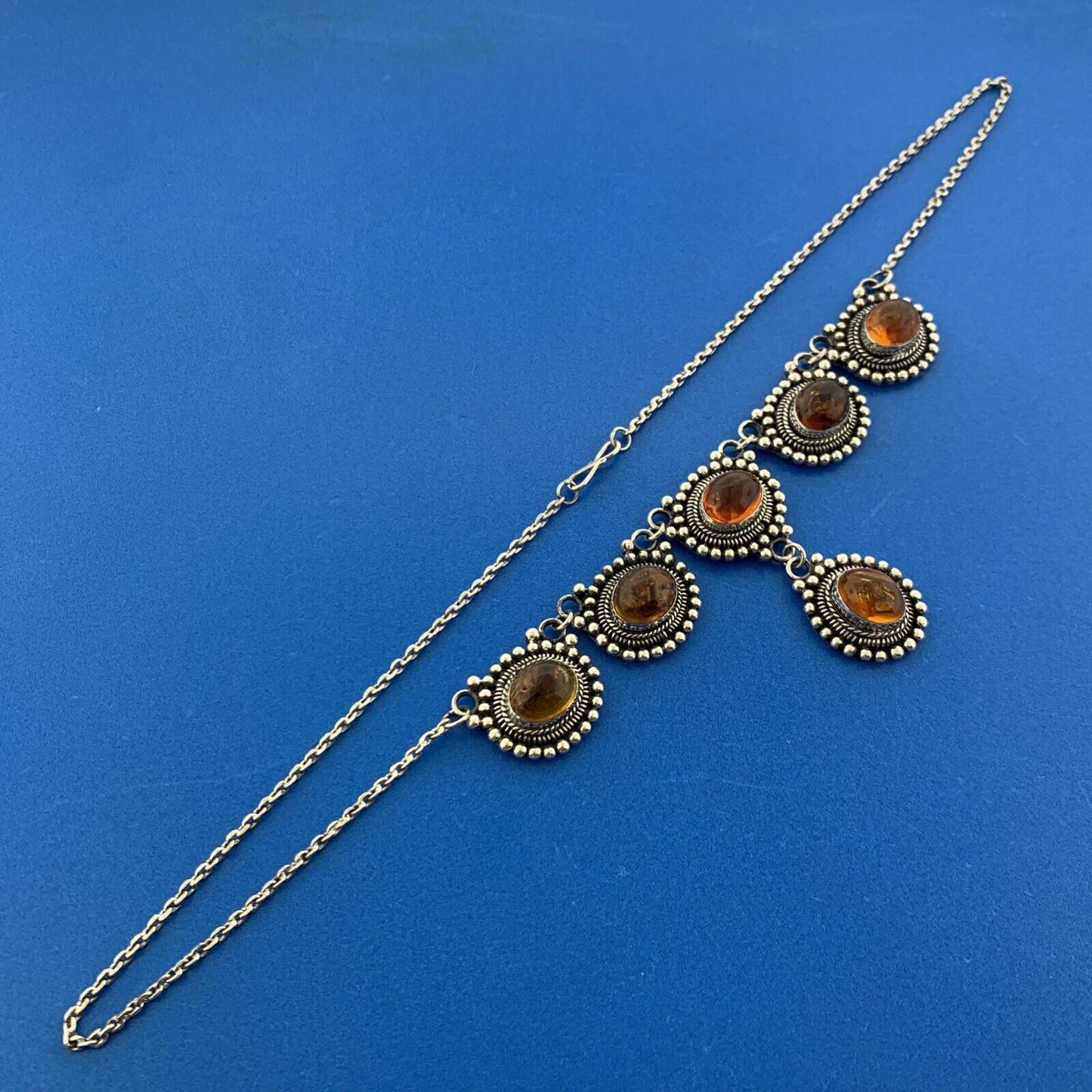 Vintage 925 Sterling Silver Oval Amber Cabochon Bead Work Drop Necklace