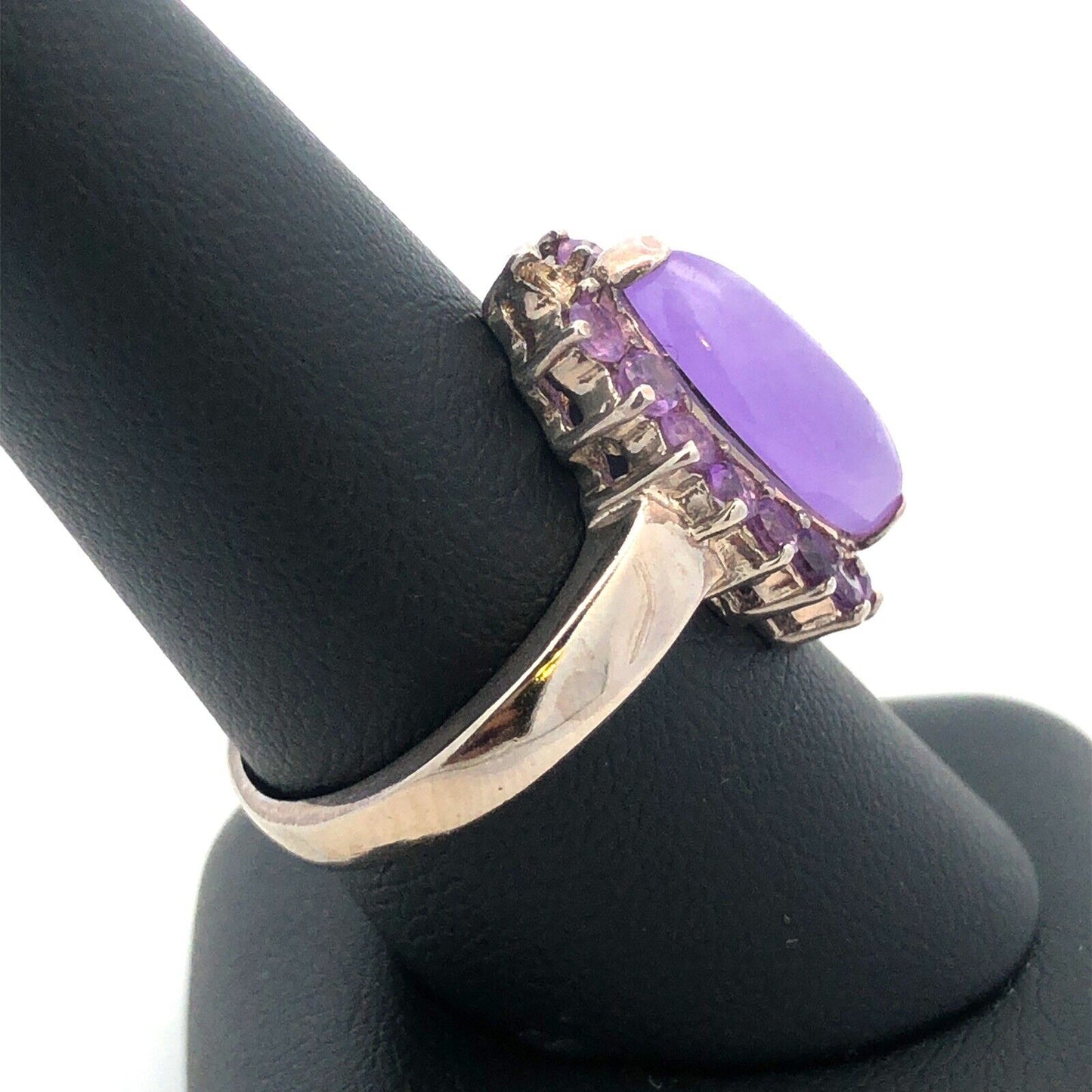Vintage GSJ 925 Sterling Silver Marquise Purple Jade Amethyst Halo Cocktail Ring