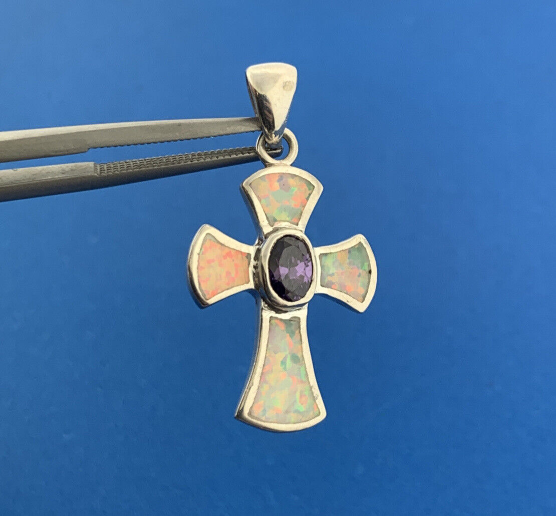 Designer 925 Sterling Silver Oval Amethyst Opal Inlay Modernist Cross Pendant