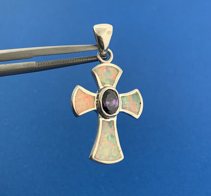 Designer 925 Sterling Silver Oval Amethyst Opal Inlay Modernist Cross Pendant
