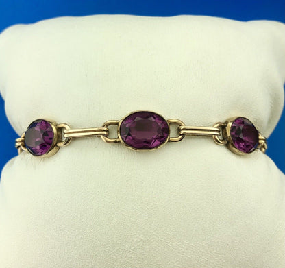 Vintage 12KT Gold Filled Oval Purple Amethyst Station Panel Link Bracelet