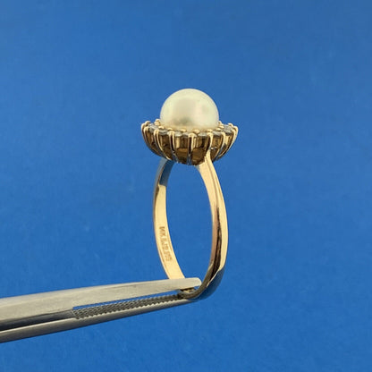Designer 14K Yellow Gold Pearl Solitaire Diamond Halo June Anniversary Ring