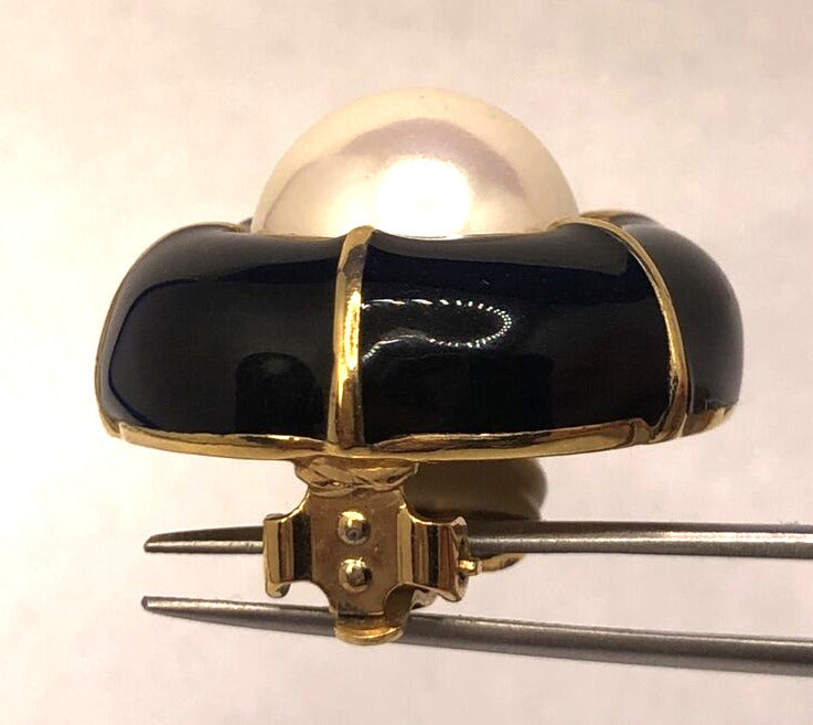 Designer Ciner Gold Tone Black Enamel Faux Pearl Round Statement Clip Earrings
