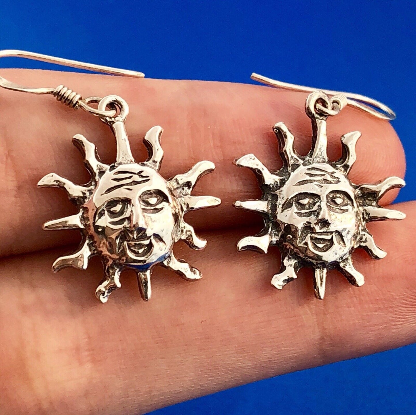 Vintage 925 Sterling Silver Sun Sunburst Astrological Drop Dangle Earrings