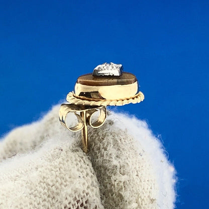 Retro 14K Yellow White Gold Oval Tiger Eye Cabochon Diamond Accent Stud Earrings